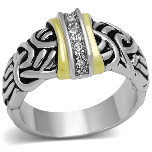MA3W327 - Reverse Two-Tone Brass Ring with Top Grade Crystal  in Clear