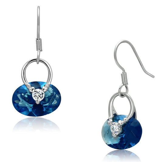 MA3W338 - Rhodium Brass Earrings with Synthetic Synthetic Glass in Sea Blue