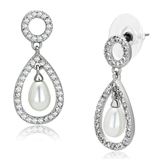 MA3W341 - Rhodium Brass Earrings with Synthetic Pearl in White