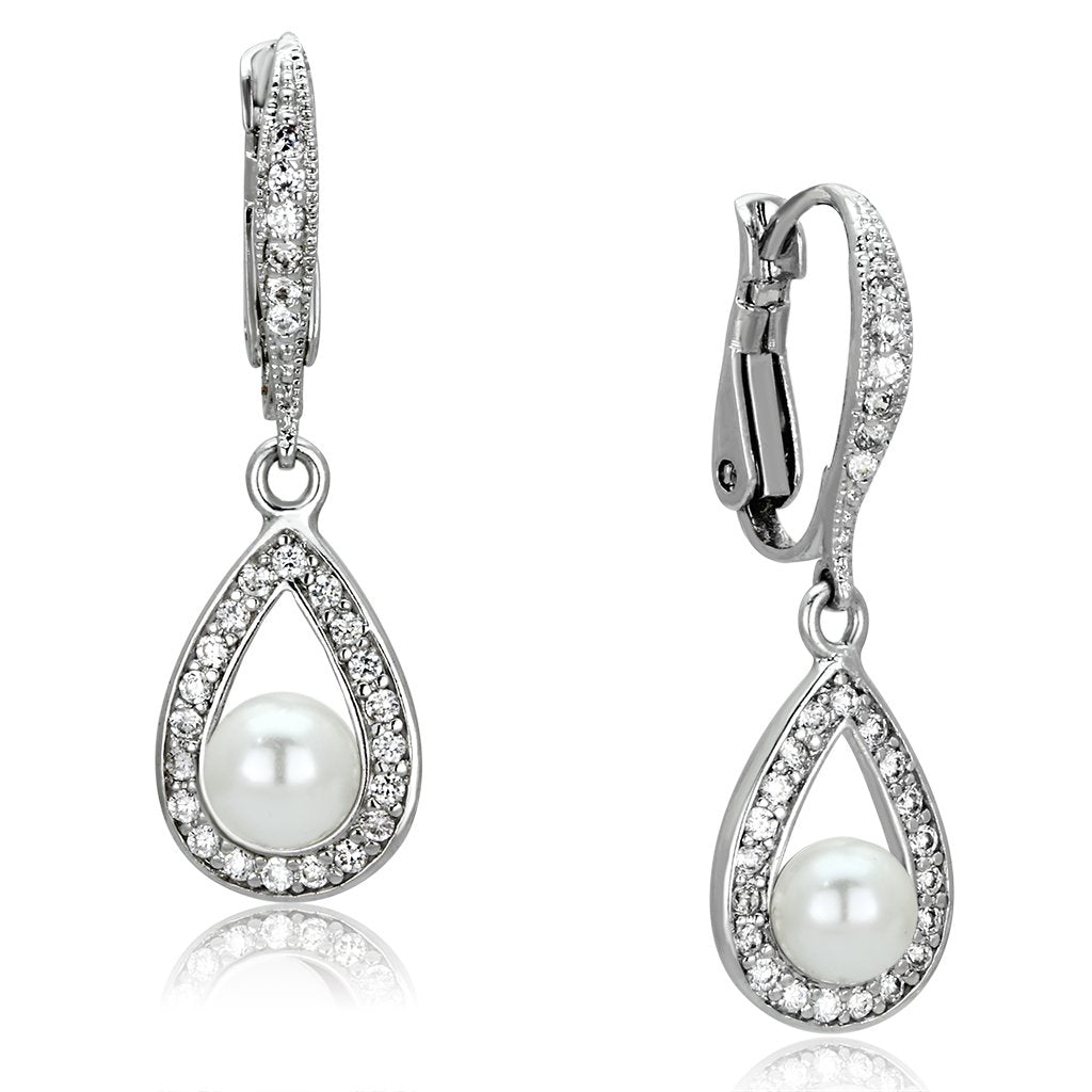 MA3W344 - Rhodium Brass Earrings with Synthetic Pearl in White