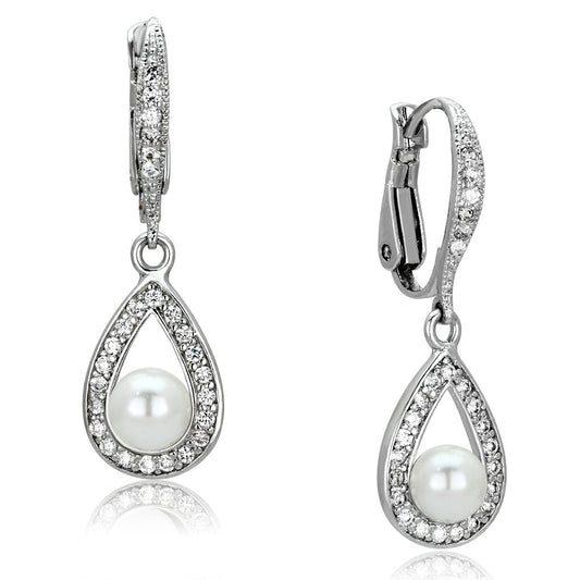 MA3W344 - Rhodium Brass Earrings with Synthetic Pearl in White