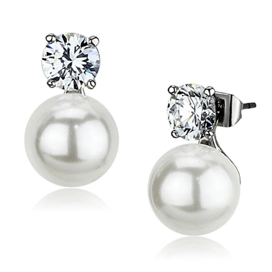 MA3W348 - Rhodium Brass Earrings with Synthetic Pearl in White