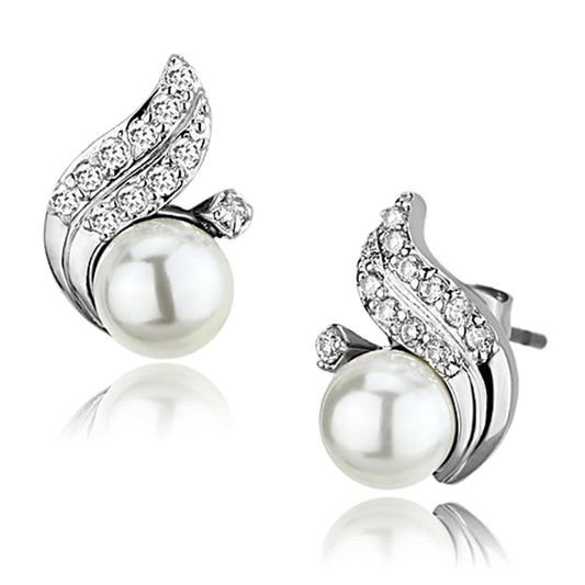 MA3W365 - Rhodium Brass Earrings with Synthetic Pearl in White