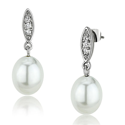 MA3W378 - Rhodium Brass Earrings with Synthetic Pearl in White