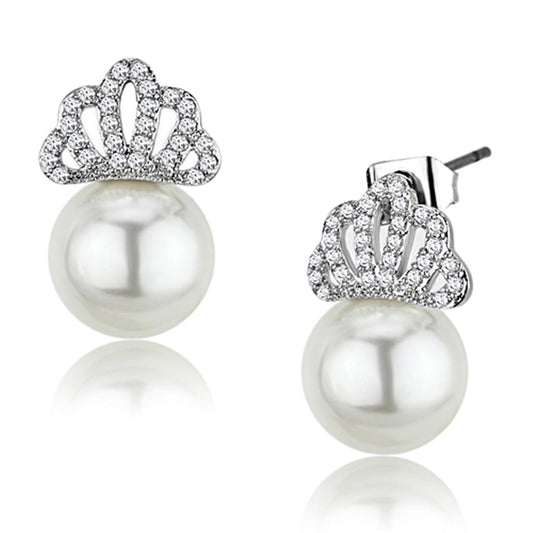 MA3W383 - Rhodium Brass Earrings with Synthetic Pearl in White