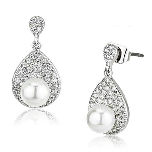 MA3W384 - Rhodium Brass Earrings with Synthetic Pearl in White
