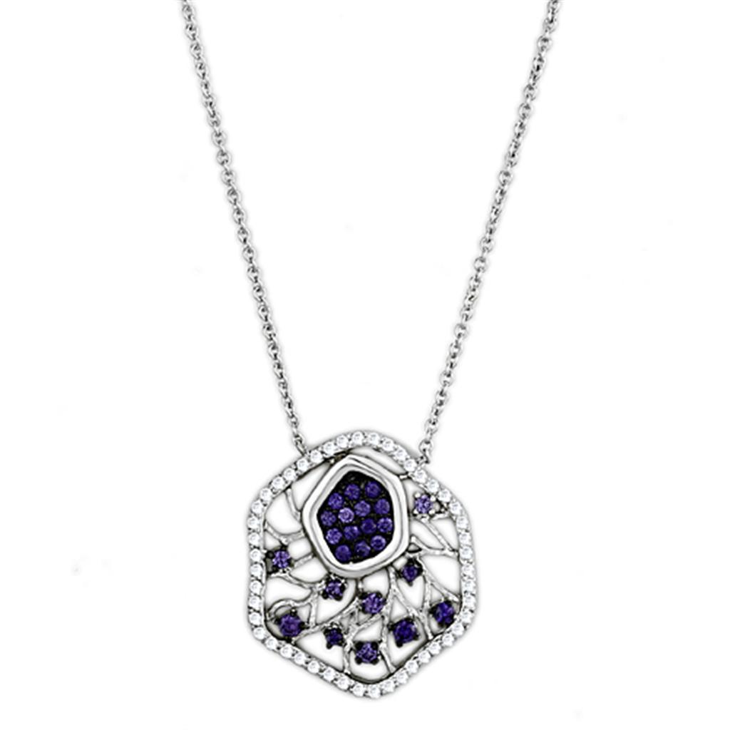 MA3W438 - Rhodium + Ruthenium Brass Necklace with AAA Grade CZ  in Amethyst