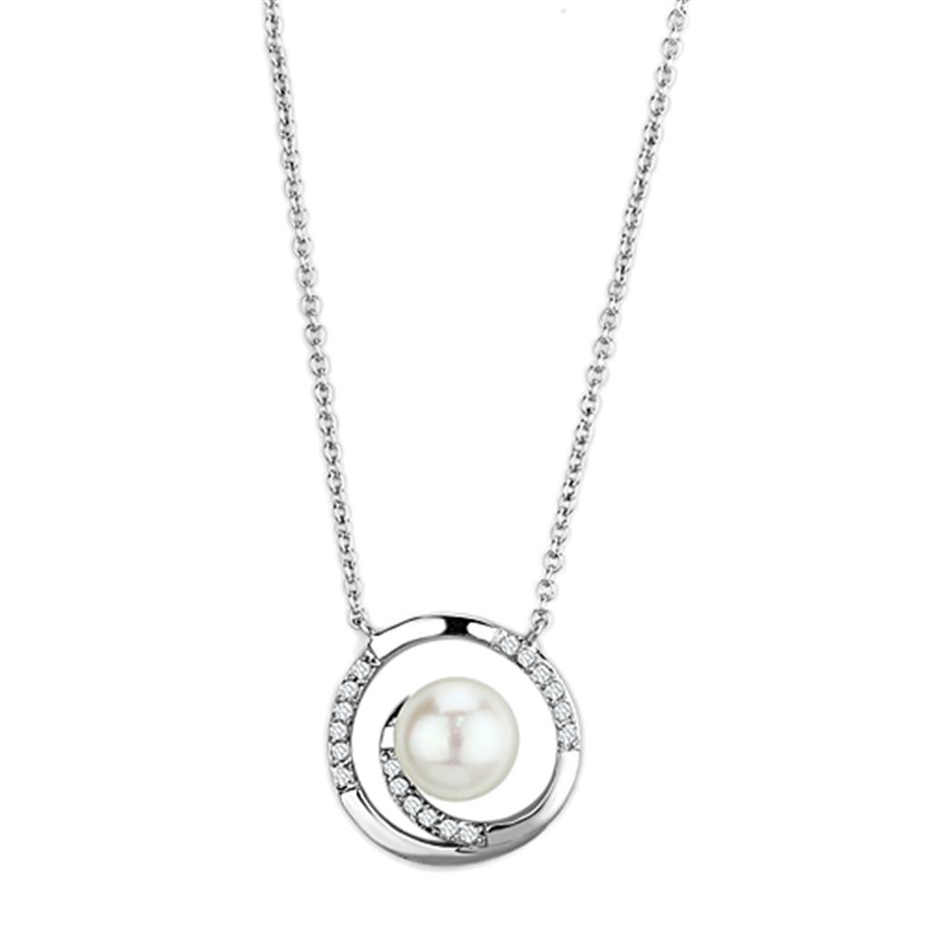 MA3W444 - Rhodium Brass Necklace with Synthetic Pearl in White