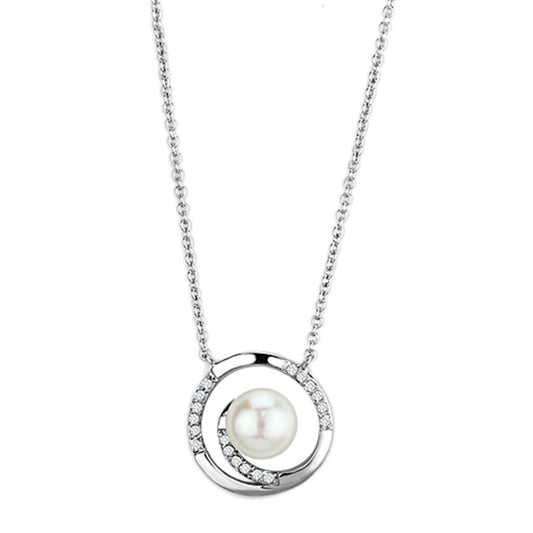 MA3W444 - Rhodium Brass Necklace with Synthetic Pearl in White