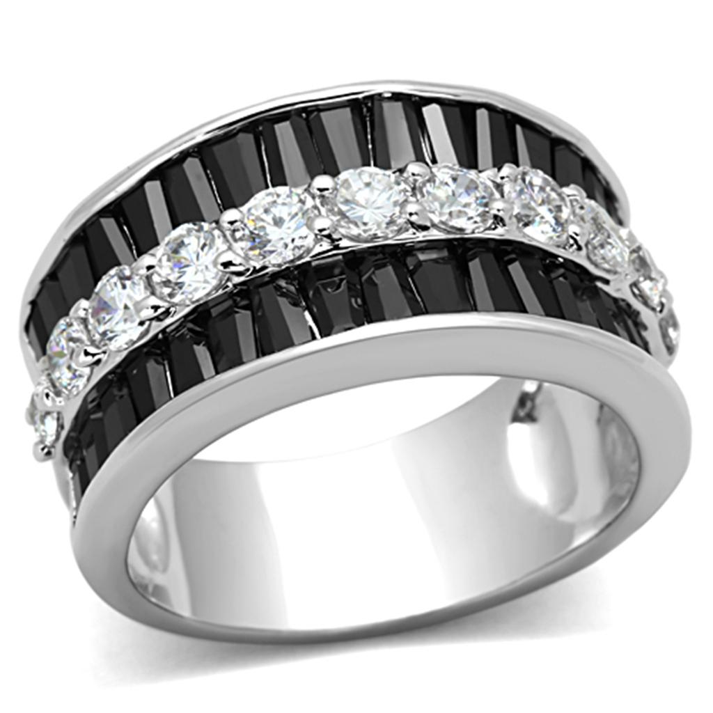 MA3W513 - Rhodium Brass Ring with AAA Grade CZ  in Black Diamond