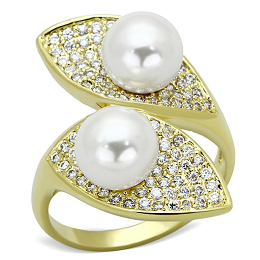 MA3W522 - Gold Brass Ring with Synthetic Pearl in White