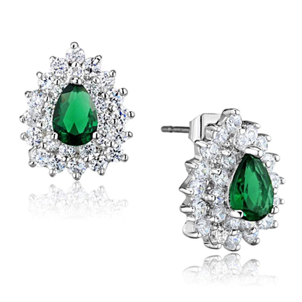 MA3W656 - Rhodium Brass Earrings with Synthetic Synthetic Glass in Emerald