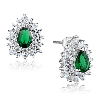 MA3W656 - Rhodium Brass Earrings with Synthetic Synthetic Glass in Emerald