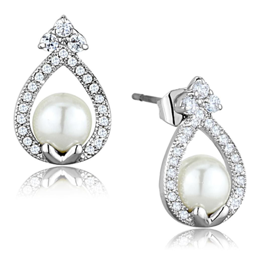 MA3W665 - Rhodium Brass Earrings with Synthetic Pearl in White