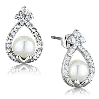 MA3W665 - Rhodium Brass Earrings with Synthetic Pearl in White