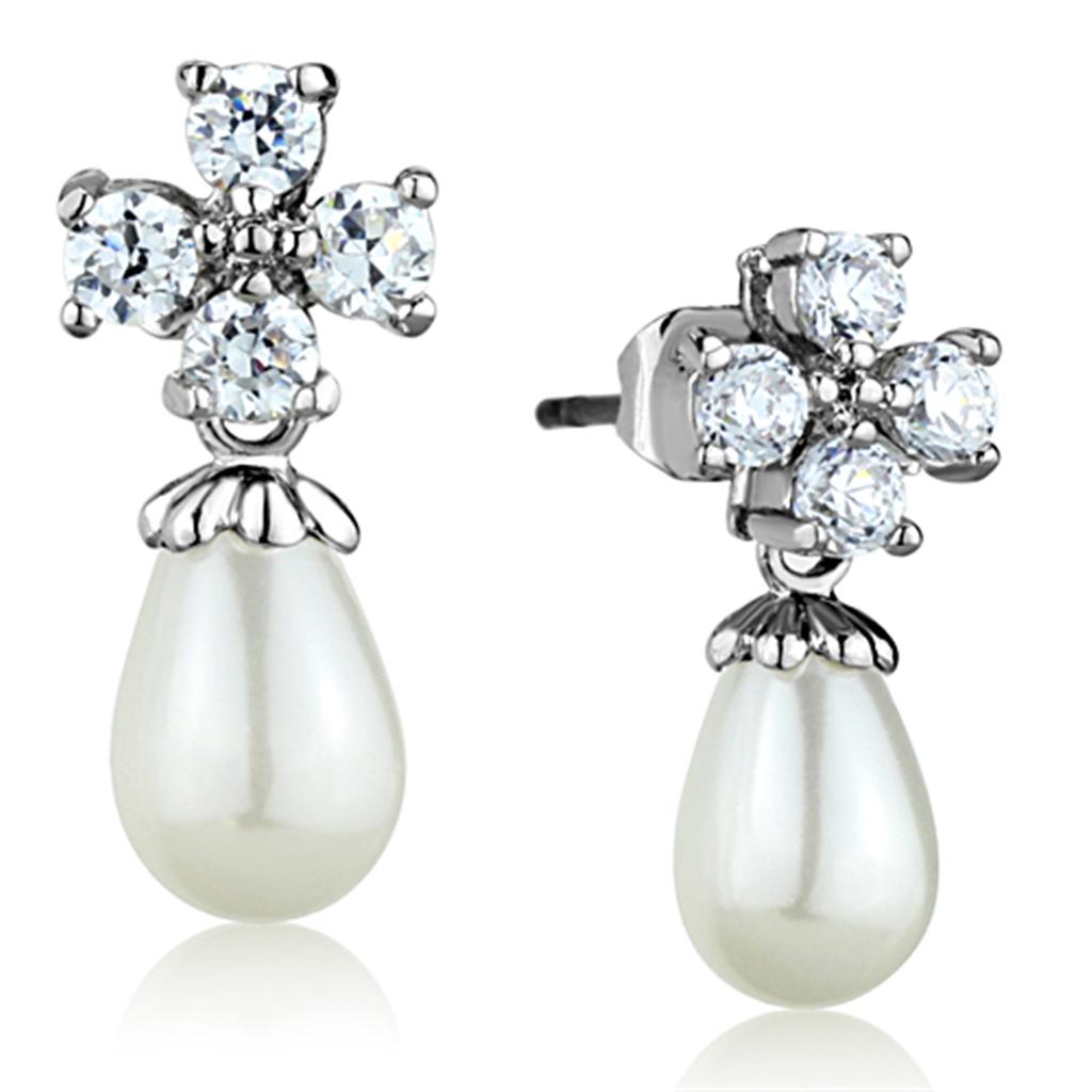 MA3W672 - Rhodium Brass Earrings with Synthetic Pearl in White