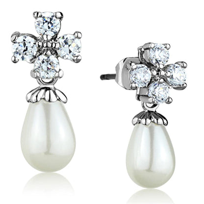 MA3W672 - Rhodium Brass Earrings with Synthetic Pearl in White