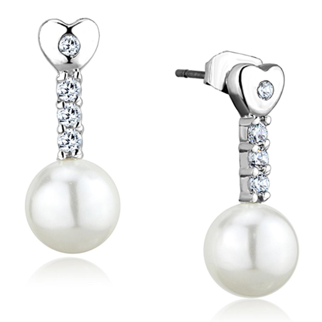 MA3W675 - Rhodium Brass Earrings with Synthetic Pearl in White