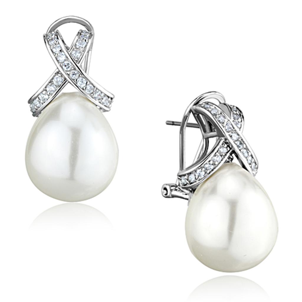 MA3W677 - Rhodium Brass Earrings with Synthetic Pearl in White