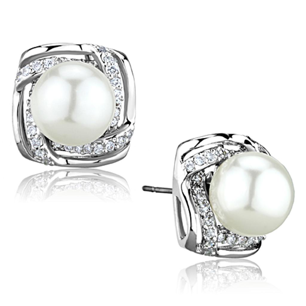 MA3W678 - Rhodium Brass Earrings with Synthetic Pearl in White