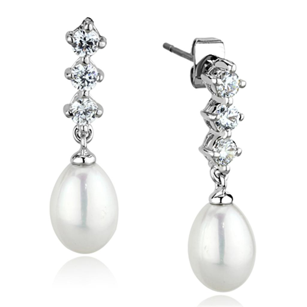 MA3W679 - Rhodium Brass Earrings with Semi-Precious Pearl in White