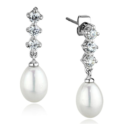 MA3W679 - Rhodium Brass Earrings with Semi-Precious Pearl in White