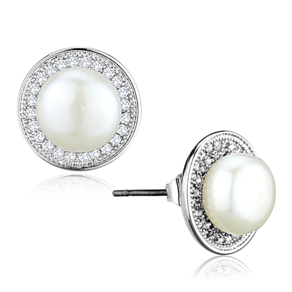 MA3W682 - Rhodium Brass Earrings with Synthetic Pearl in White