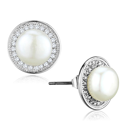 MA3W682 - Rhodium Brass Earrings with Synthetic Pearl in White