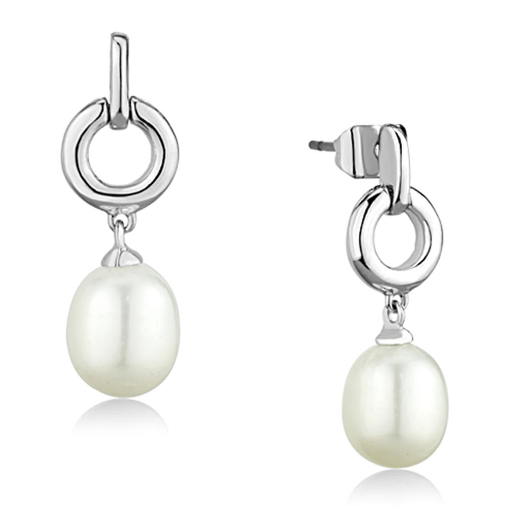 MA3W684 - Rhodium Brass Earrings with Synthetic Pearl in White