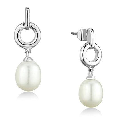MA3W684 - Rhodium Brass Earrings with Synthetic Pearl in White