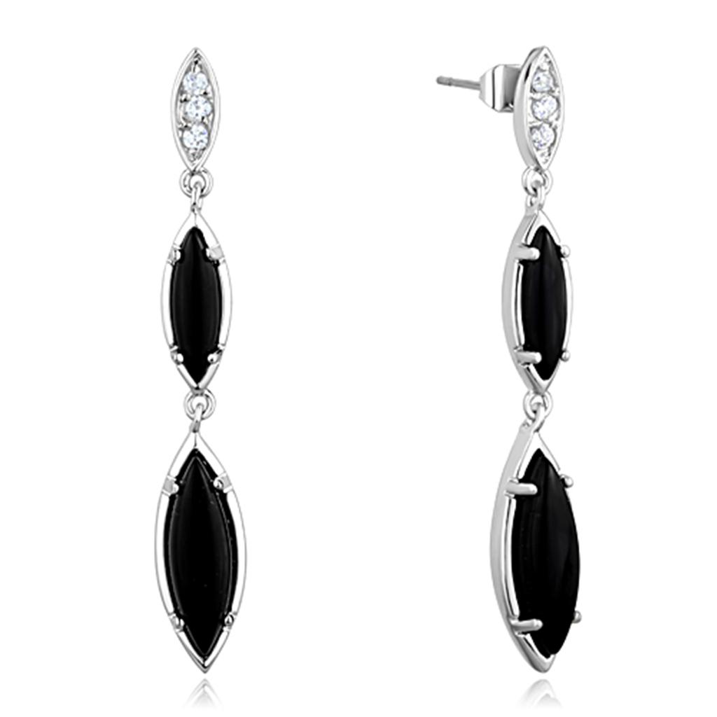 MA3W702 - Rhodium Brass Earrings with Synthetic Onyx in Jet