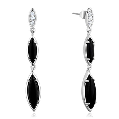 MA3W702 - Rhodium Brass Earrings with Synthetic Onyx in Jet