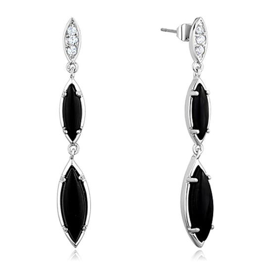 MA3W702 - Rhodium Brass Earrings with Synthetic Onyx in Jet