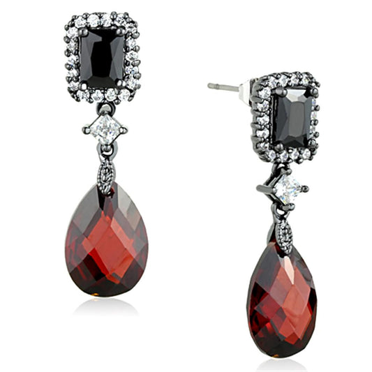 MA3W704 - Ruthenium Brass Earrings with AAA Grade CZ  in Garnet