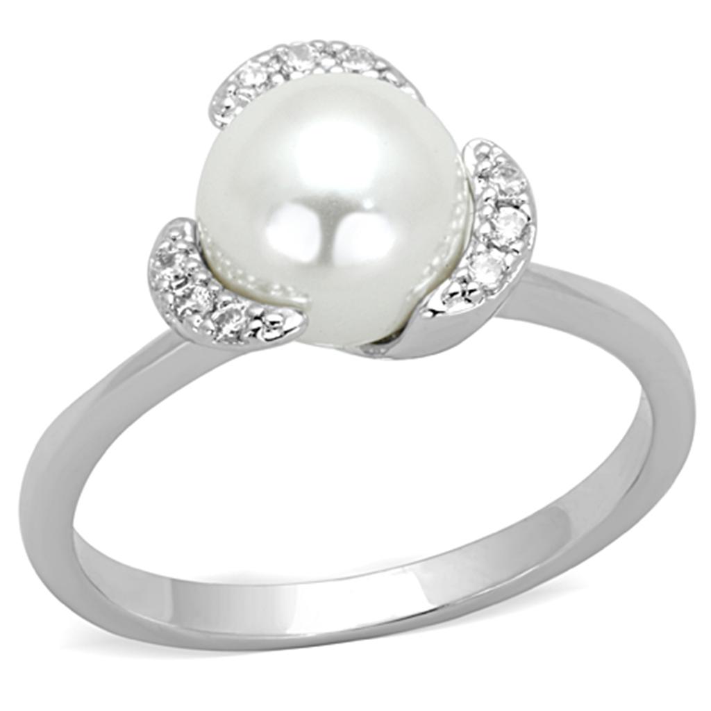 MA3W721 - Rhodium Brass Ring with Synthetic Pearl in White