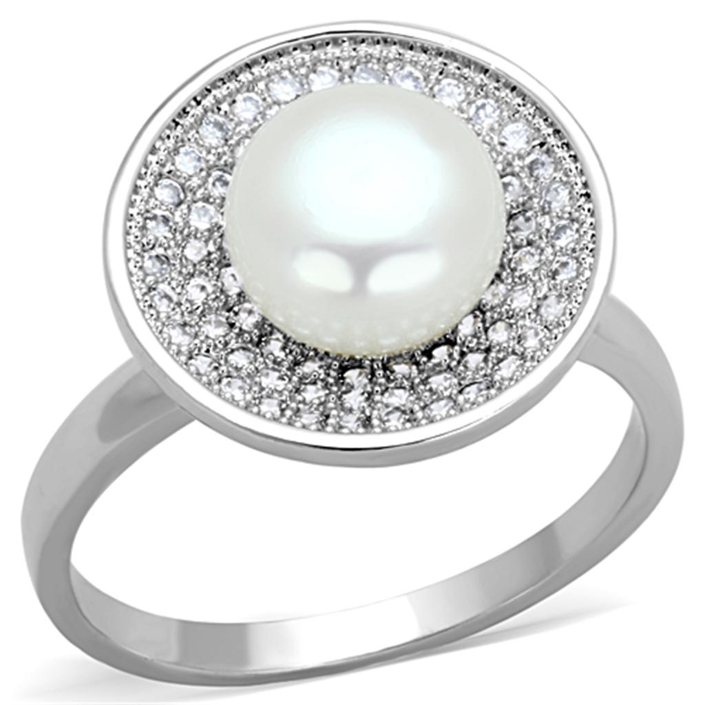 MA3W755 - Rhodium Brass Ring with Synthetic Pearl in White