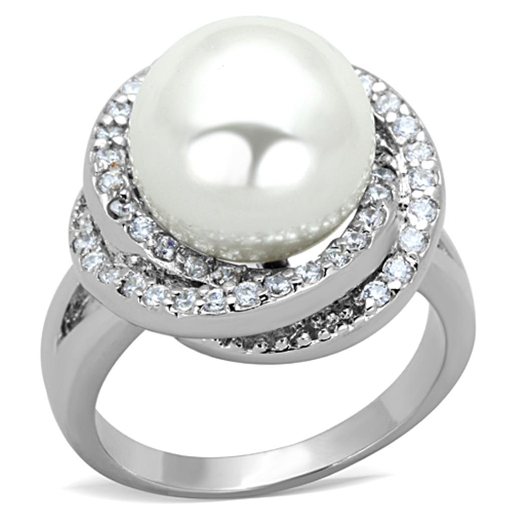MA3W759 - Rhodium Brass Ring with Synthetic Pearl in White
