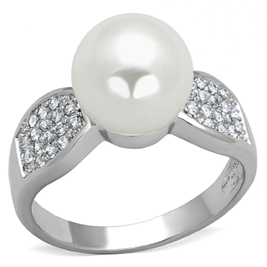 MA3W761 - Rhodium Brass Ring with Synthetic Pearl in White