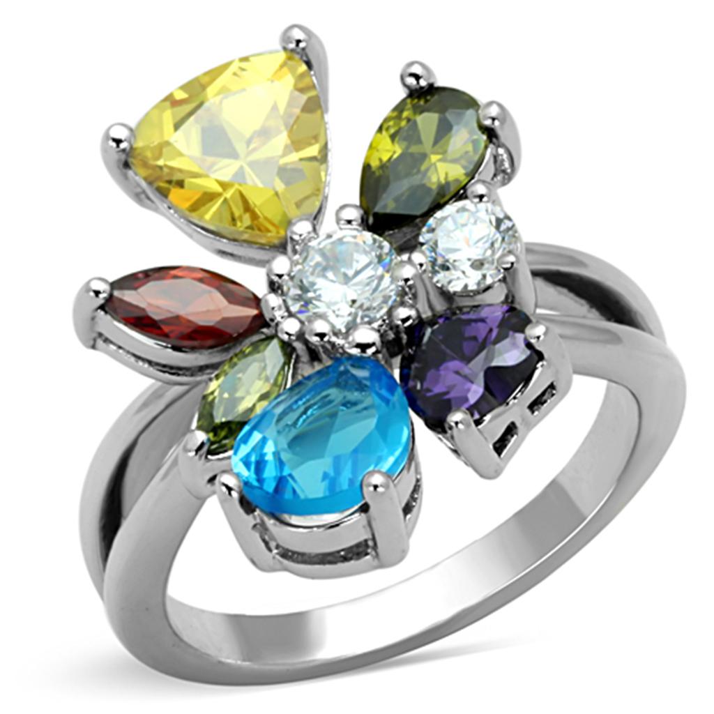 MAJaime Cocktail Ring - Rhodium Brass, AAA CZ , Multi Color - 3W789