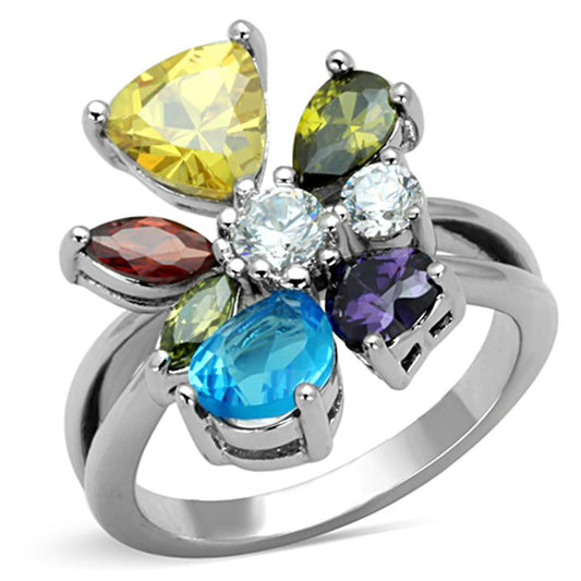 MAJaime Cocktail Ring - Rhodium Brass, AAA CZ , Multi Color - 3W789