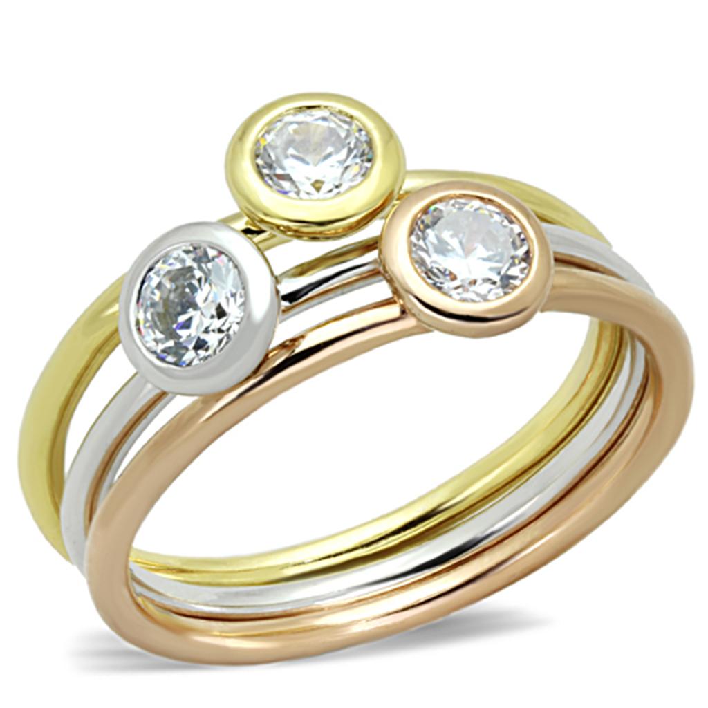 MA3W804 - Rhodium + Gold + Rose Gold Brass Ring with AAA Grade CZ  in Clear