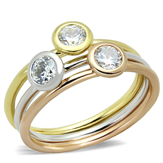 MA3W804 - Rhodium + Gold + Rose Gold Brass Ring with AAA Grade CZ  in Clear
