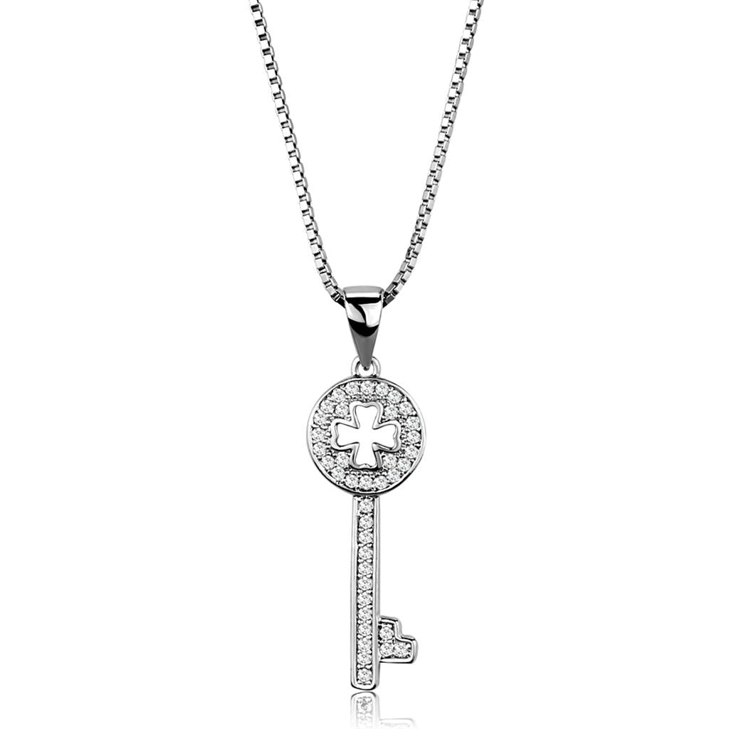 MA3W851 - Rhodium Brass Chain Pendant with AAA Grade CZ  in Clear