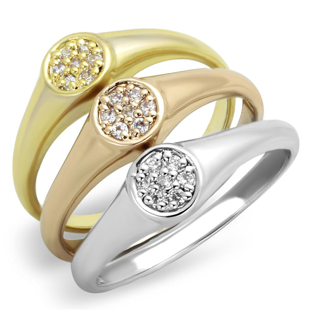 MA3W862 - Rhodium + Gold + Rose Gold Brass Ring with AAA Grade CZ  in Clear