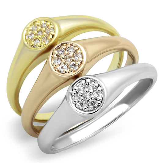 MA3W862 - Rhodium + Gold + Rose Gold Brass Ring with AAA Grade CZ  in Clear