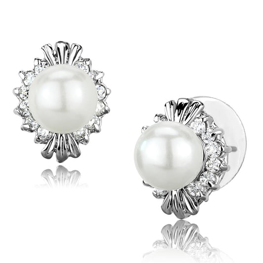 MA3W886 - Rhodium Brass Earrings with Synthetic Pearl in White
