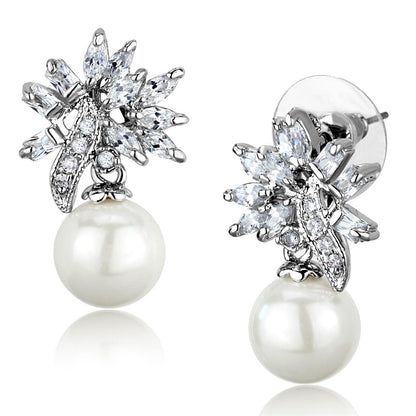 MA3W888 - Rhodium Brass Earrings with Synthetic Pearl in White