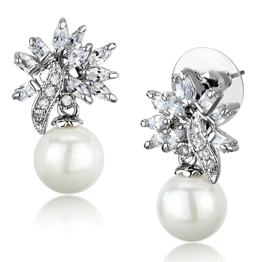 MA3W888 - Rhodium Brass Earrings with Synthetic Pearl in White
