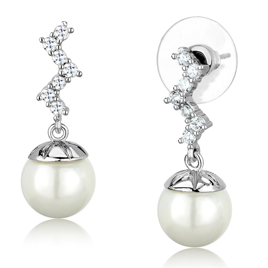 MA3W894 - Rhodium Brass Earrings with Synthetic Pearl in White
