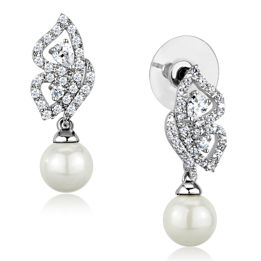 MA3W902 - Rhodium Brass Earrings with Synthetic Pearl in White